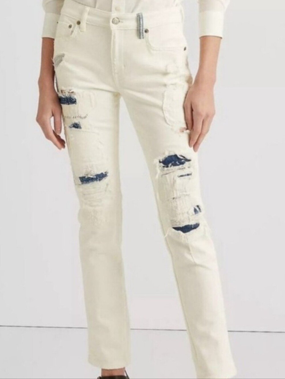Ralph Lauren Ivory Distressed Patchwork Jeans 4 SMALL